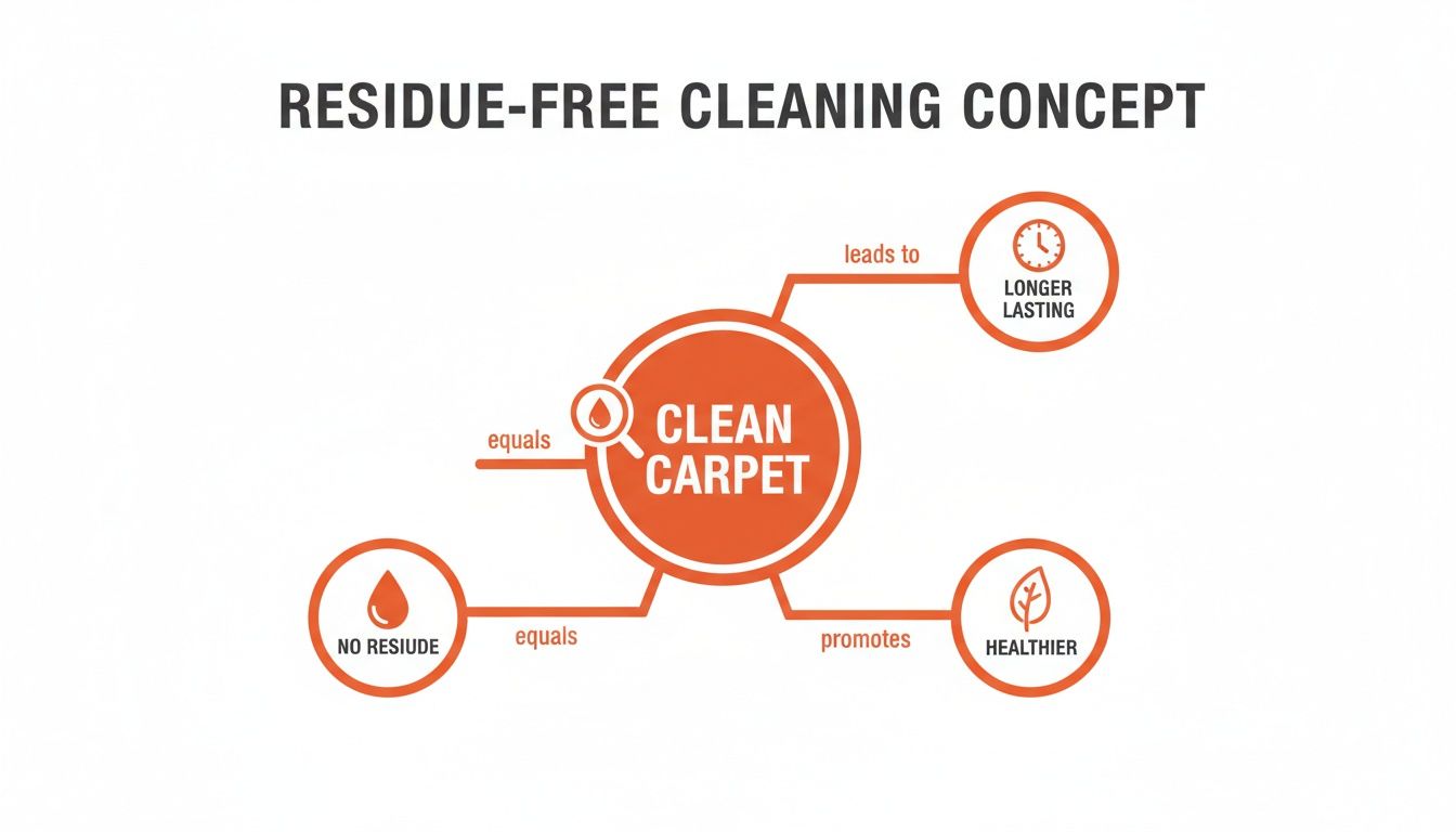 Infographic illustrating the residue-free cleaning concept, linking clean carpet to no residue, healthier, and longer lasting.