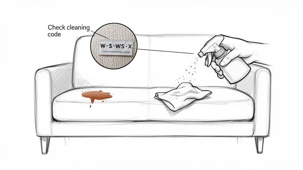 Illustration showing how to clean a couch stain, checking the cleaning code before applying cleaner.