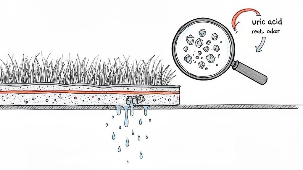 Diagram illustrating pet urine seeping through artificial turf, revealing uric acid crystals causing odor.
