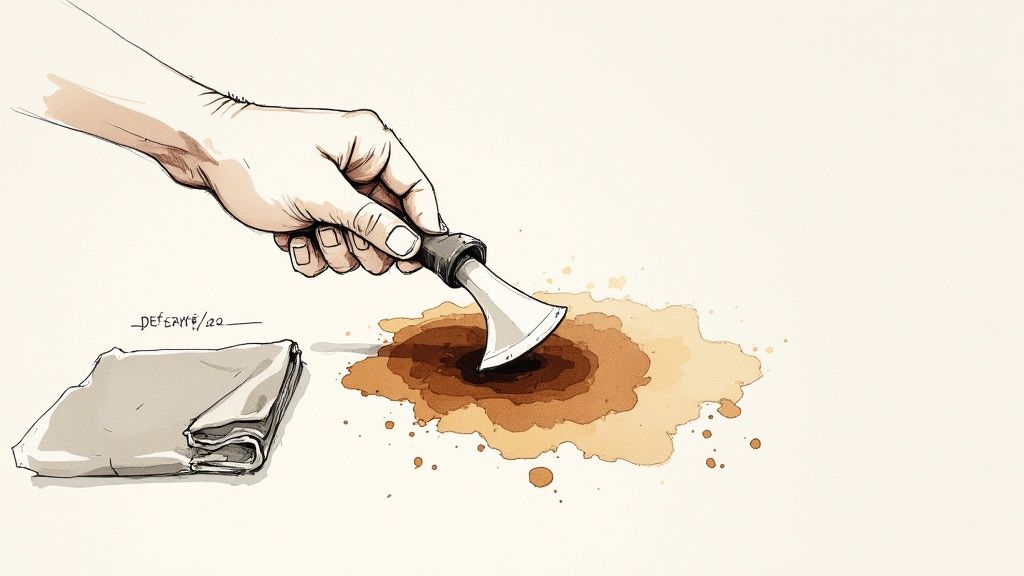 A close-up of a high-traffic area on a carpet, showing the matted and discolored fibers before cleaning.