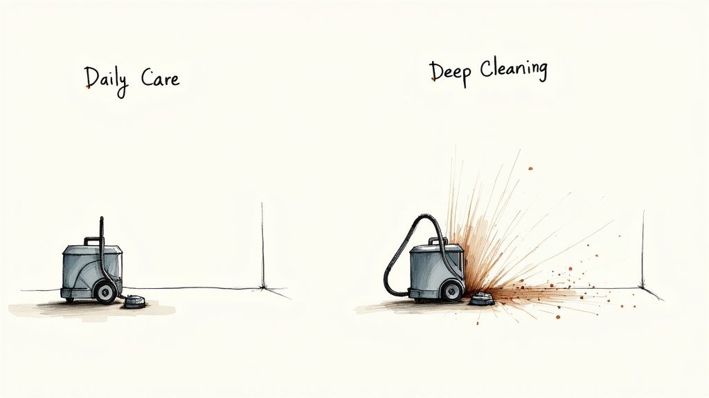 A split-screen image showing a vacuum cleaner on one side and a professional steam cleaner on another.