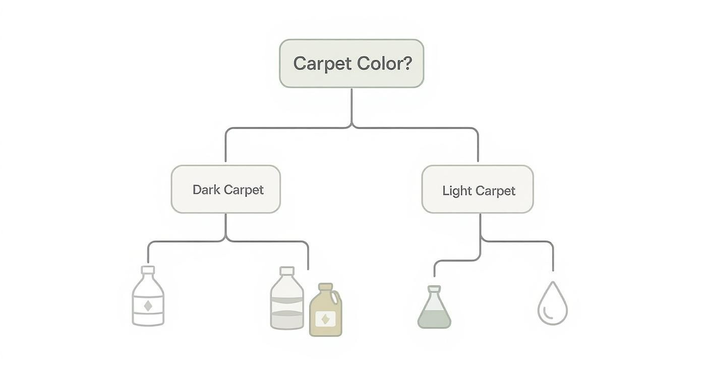 Decision tree flowchart showing carpet cleaning solutions for dark and light colored carpets