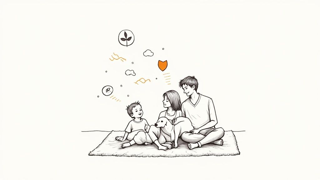 A happy family with a small child playing on a clean, fresh carpet in their living room.