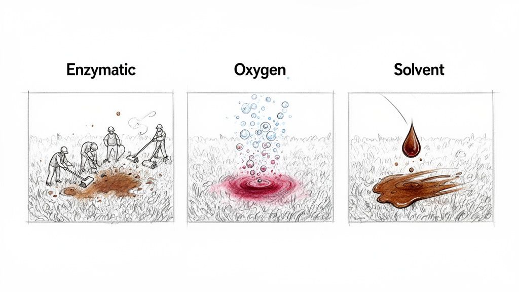Three illustrations demonstrate different stain cleaning methods: enzymatic, oxygen, and solvent treatments on grass.