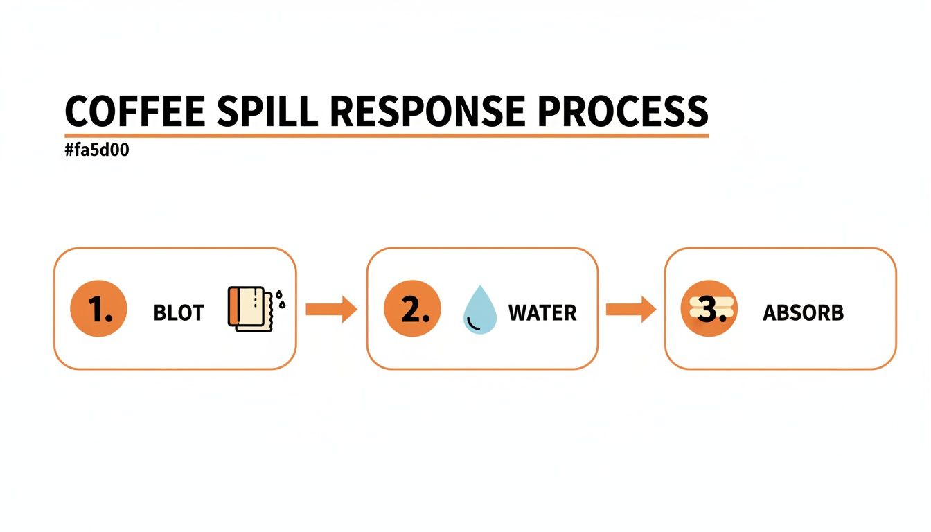 A three-step process for coffee spill response: 1. Blot with a towel, 2. Apply water, 3. Absorb.