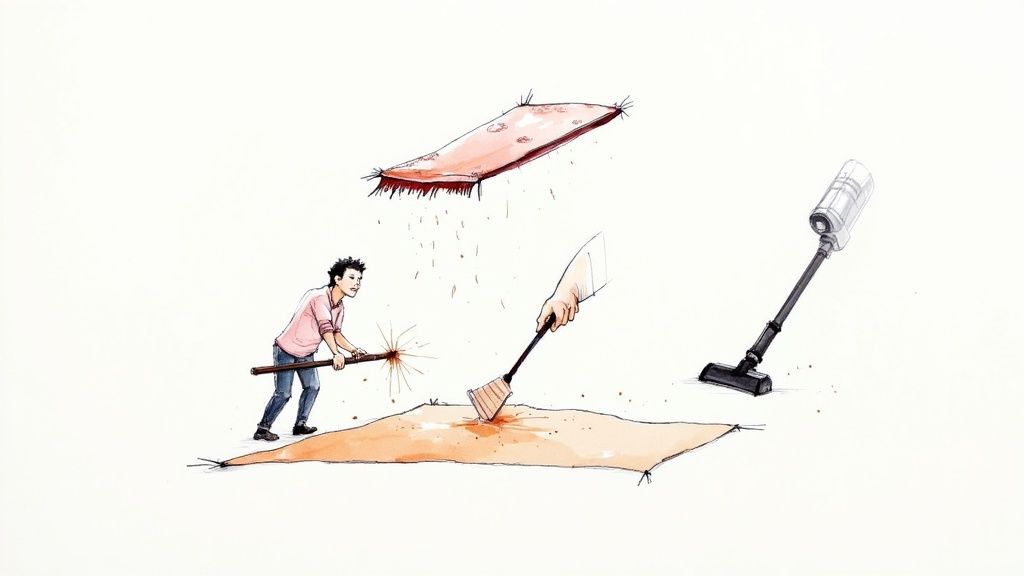 Someone vacuuming the back of a flipped-over area rug to dislodge embedded dirt.