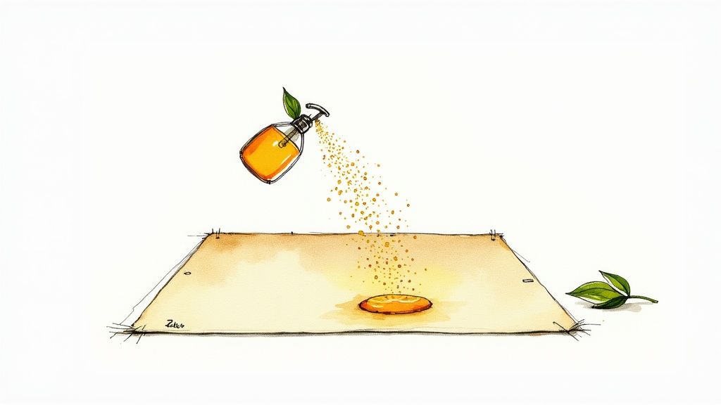 Watercolor art of a soap bottle spraying golden essence onto an orange slice on paper.