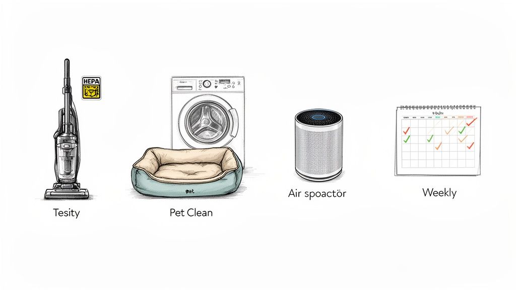 Illustrative guide for pet owners showing a vacuum cleaner, washing machine, pet bed, air purifier, and a weekly cleaning schedule.
