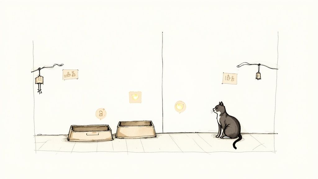 An illustrated black and white cat patiently waits by two empty bowls, with hanging bells above.