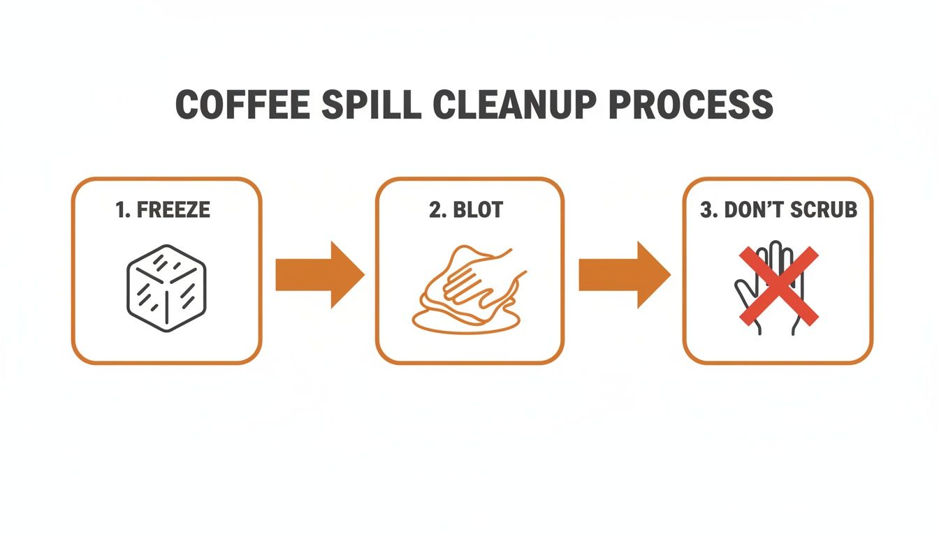 Infographic demonstrating a three-step coffee spill cleanup process: freeze, blot, and don't scrub.
