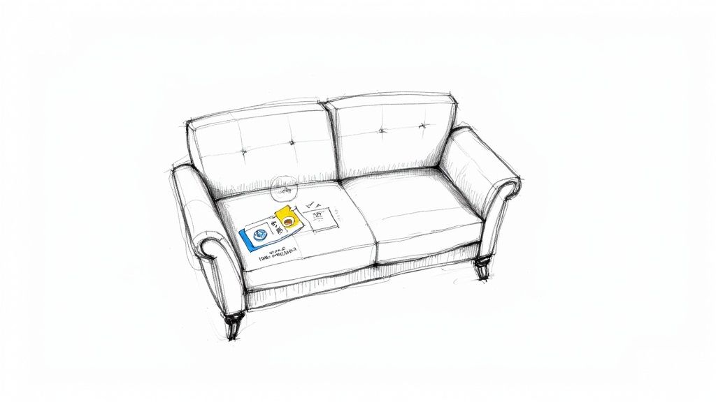 Hand-drawn sketch of a comfortable sofa with cleaning products and manual on cushion