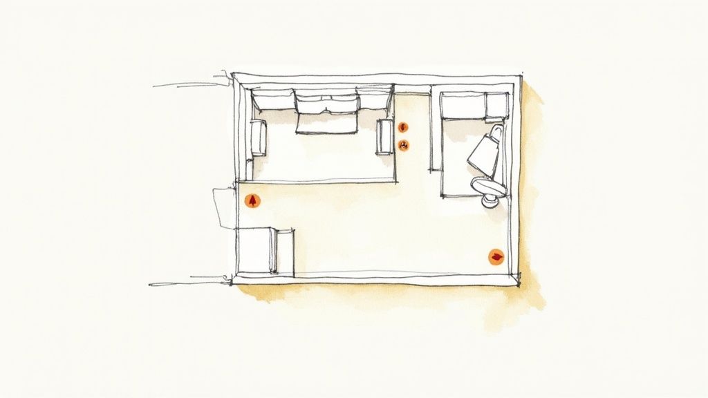 Woman cleaning a living room rug with a spray bottle.