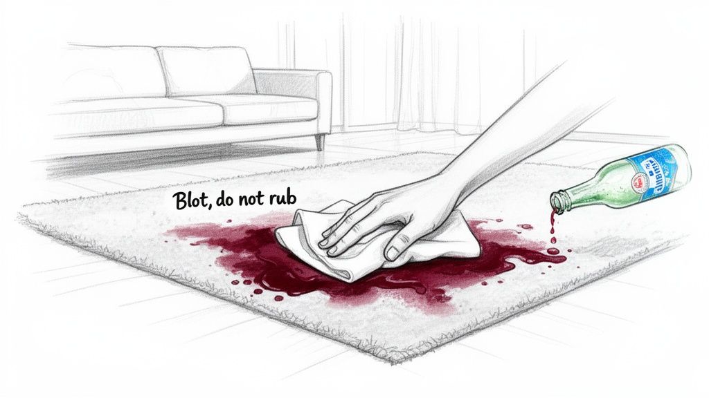 A hand blotting a red wine spill on a white carpet with a cloth, next to a spilled bottle.