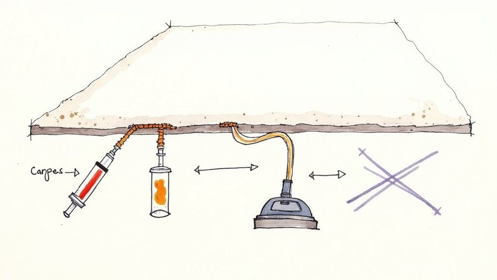 Diagram showing carpet cleaning process for removing cat urine odor using extraction equipment