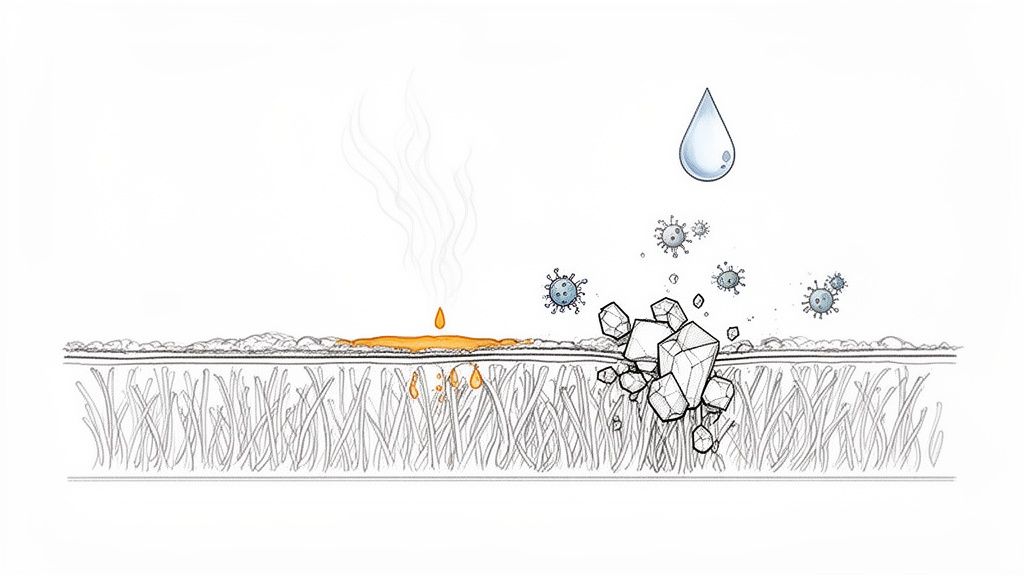 A graphic illustrating pet urine soaking into a surface with rising odor, and cleaning agents interacting with germs.