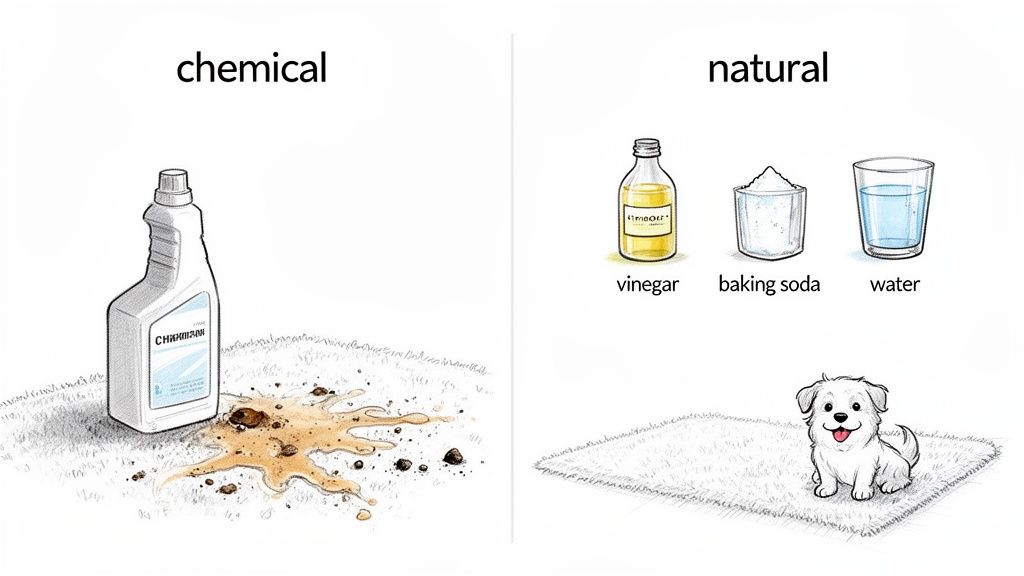 Comparison: chemical carpet cleaner and dirt vs. natural ingredients (vinegar, baking soda, water) with a happy dog.