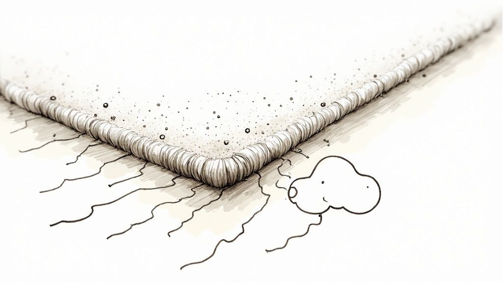 A close-up view of a carpet with visible mildew spots, showing discoloration.