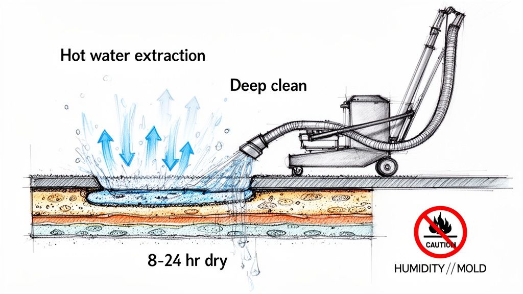 Diagram illustrating hot water extraction carpet cleaning, showing deep cleaning, water extraction, and drying time.