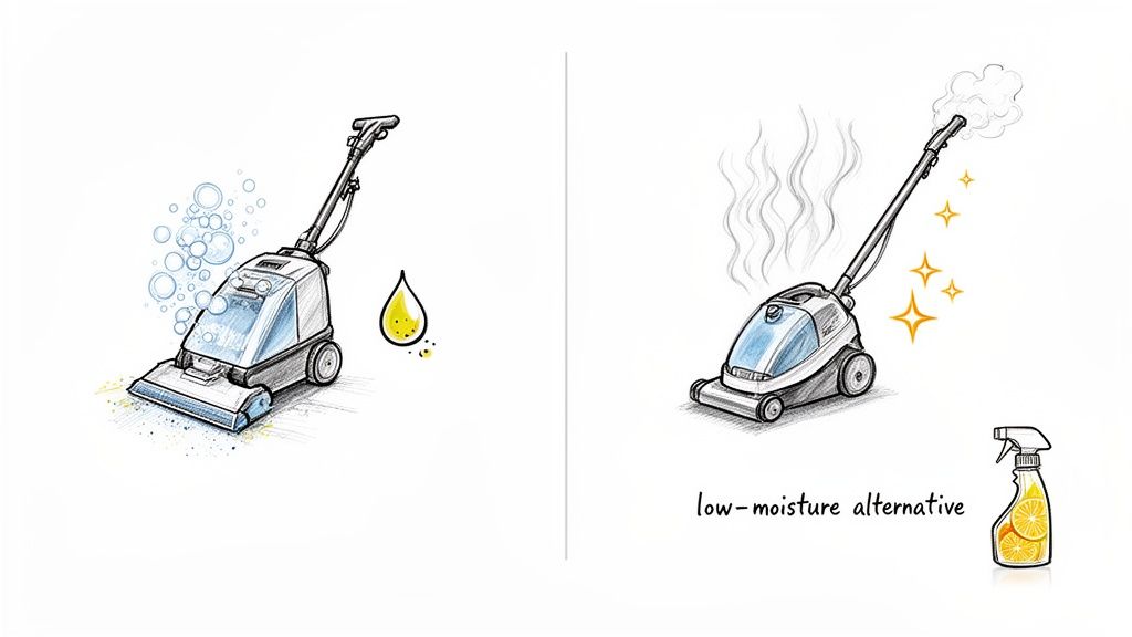 Illustration comparing a bubbly wet carpet cleaner with a steamy low-moisture alternative and natural spray.