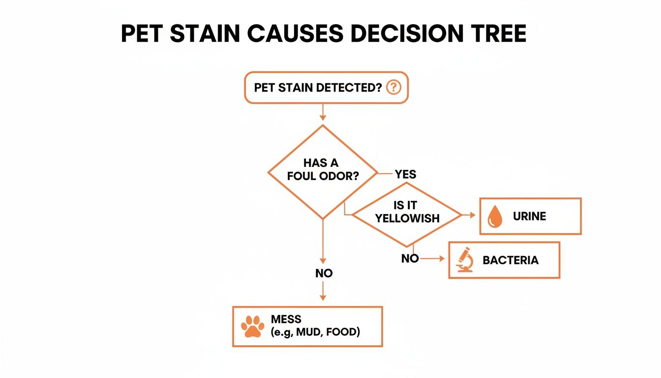 Flowchart detailing pet stain causes, differentiating between urine, bacteria, and general mess based on odor and color.