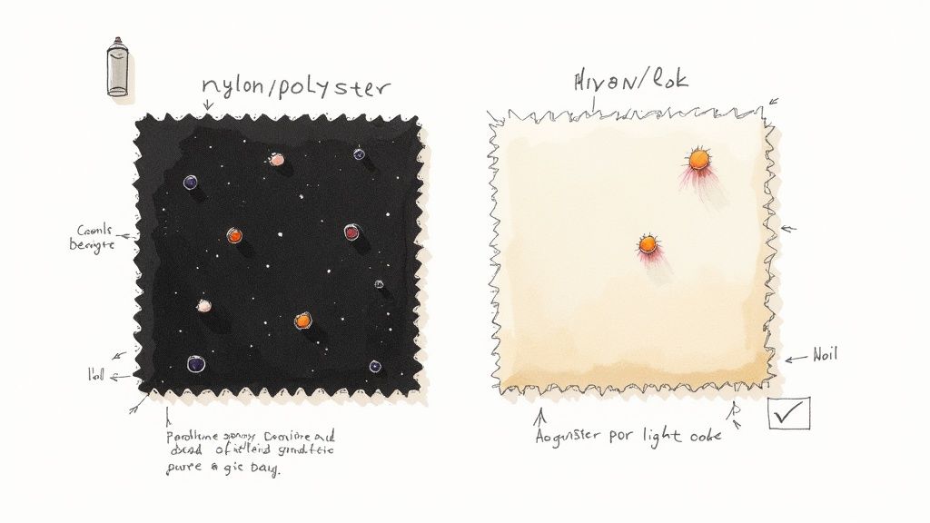 A person's hand spraying a protective solution onto a section of grey carpet.