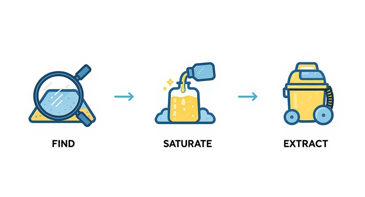 Infographic detailing the process flow for deep cleaning pet urine, showing steps to Find, Saturate, and Extract.