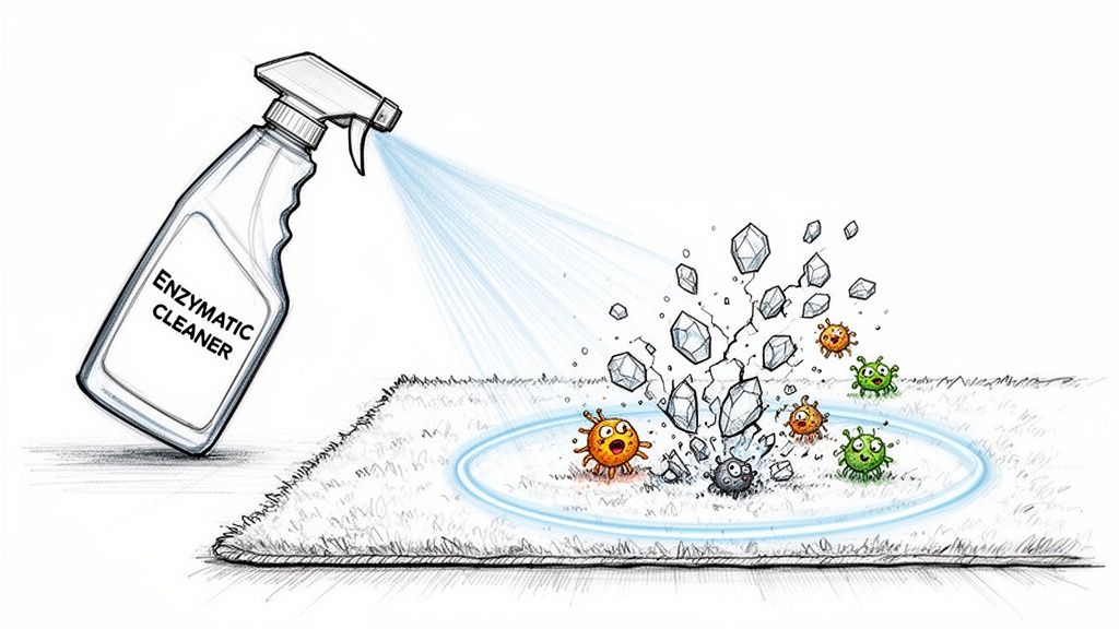 Enzymatic cleaner spray breaks down a protective barrier and eliminates microbes from a carpet.
