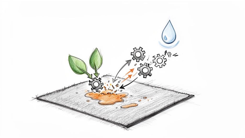A conceptual diagram illustrating a pet odor removal process, showing leaves, gears, a spill, and a water droplet.
