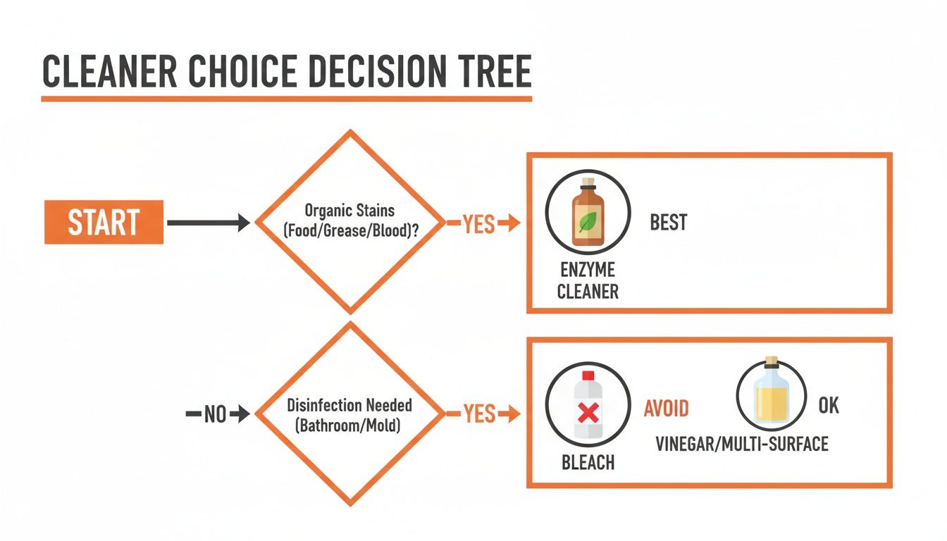 Decision tree infographic for choosing the right cleaner based on organic stains or disinfection needs.