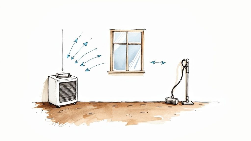 A person places a dehumidifier in the corner of a room with carpet.