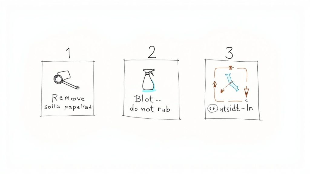Three illustrated steps for cleaning a carpet stain: remove solid, blot, and clean outside-in.