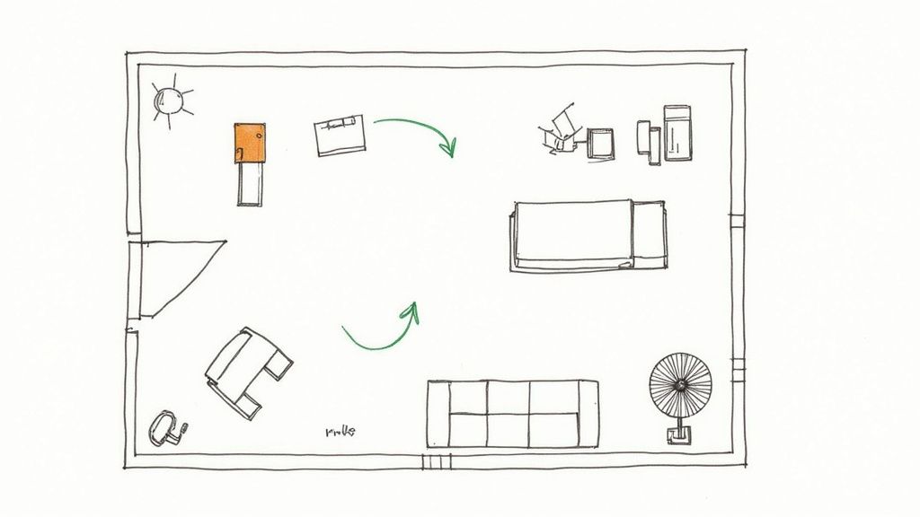 A clean commercial office space with neatly arranged furniture.