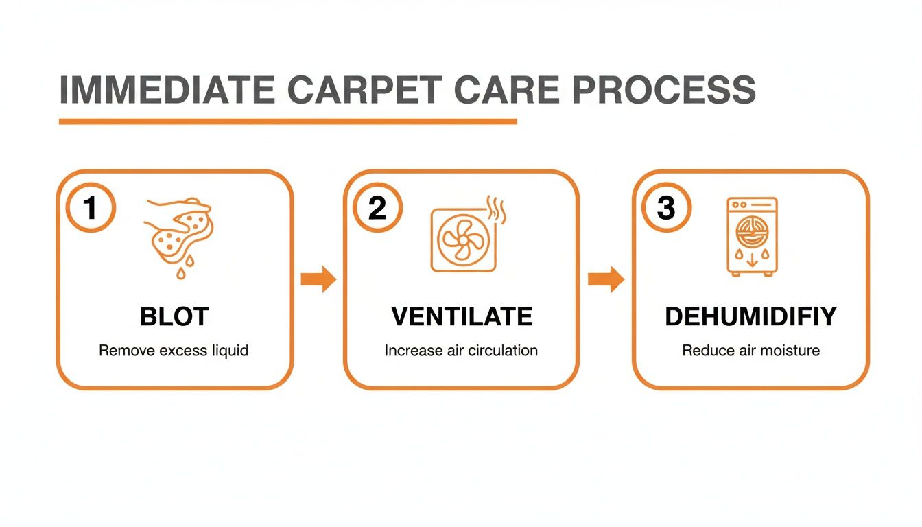 A diagram illustrating a three-step immediate carpet care process to remove excess liquid and moisture.