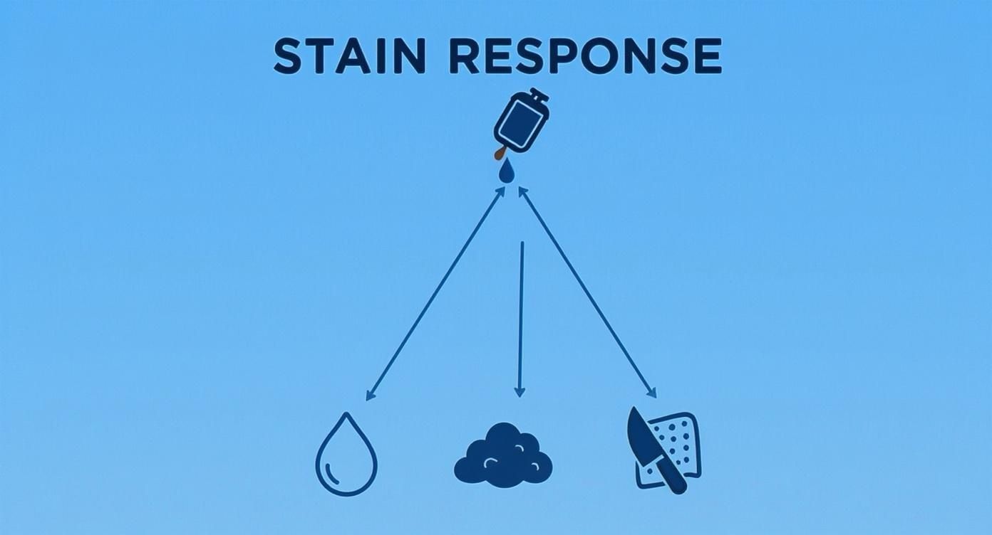 Infographic showing a decision tree for responding to carpet stains. A spill branches to either a liquid, which should be blotted, or a solid, which should be scraped.