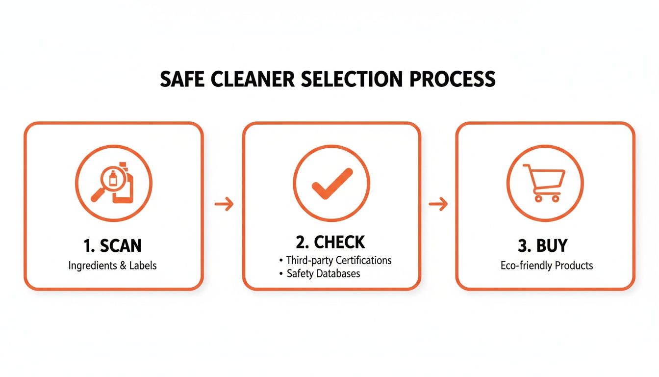 A three-step process for selecting safe cleaners: scan ingredients, check certifications, and buy eco-friendly products.