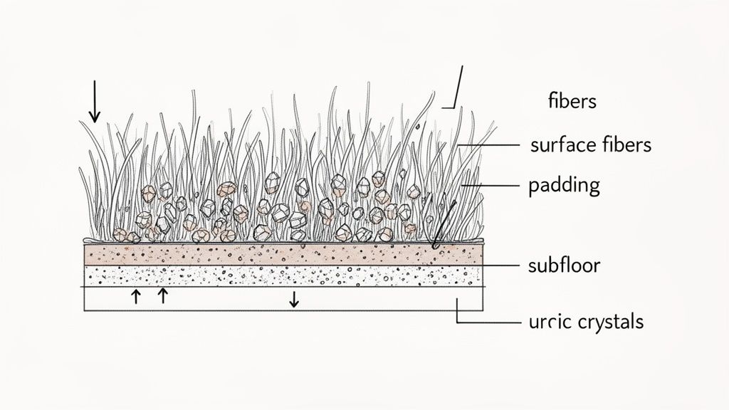 Diagram illustrating the layers of a surface, showing fibers, padding, subfloor, and urric crystals.