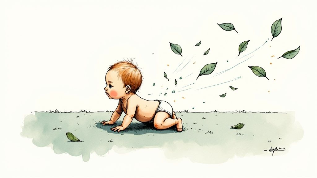 A young child and a golden retriever happily playing together on a clean, bright carpet in a sunny living room.