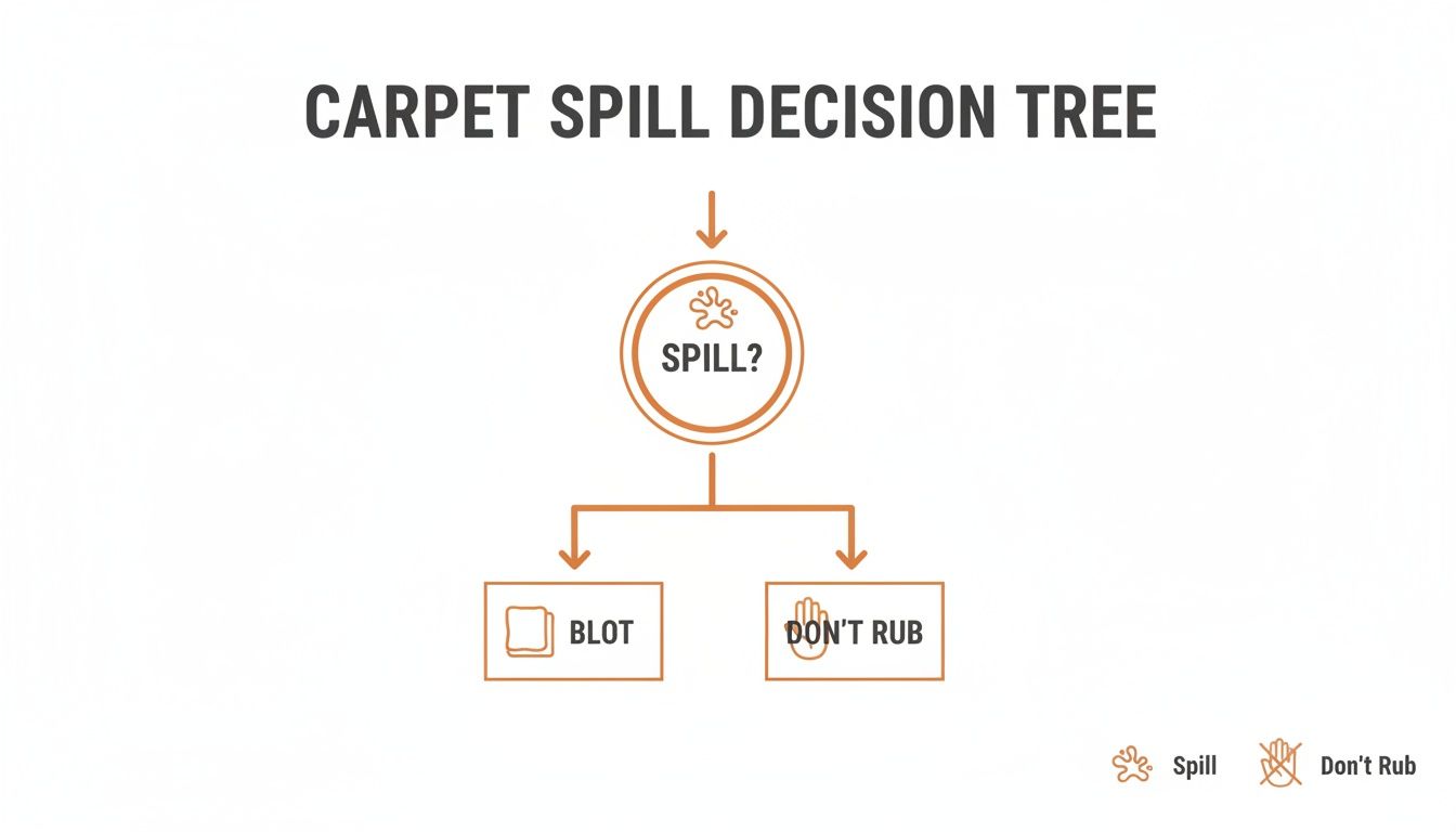 A carpet spill decision tree flowchart showing what to do if a spill occurs.