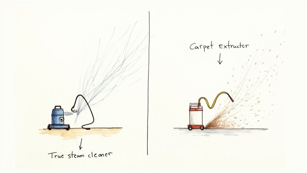 Illustration comparing a true steam cleaner emitting steam to a carpet extractor removing dirty water.
