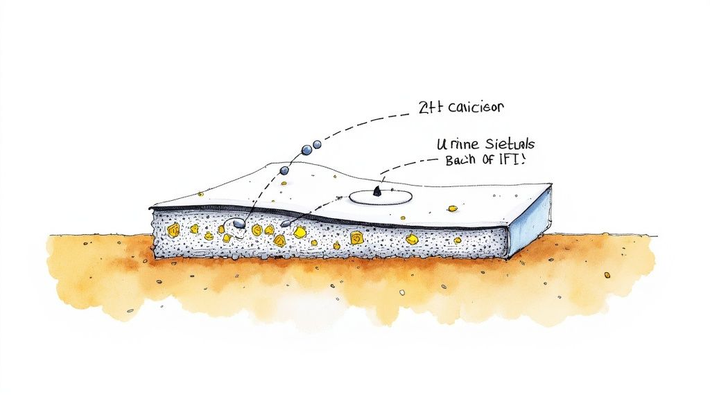 Cross-section illustration of liquid (likely urine) penetrating a surface, forming yellow deposits.