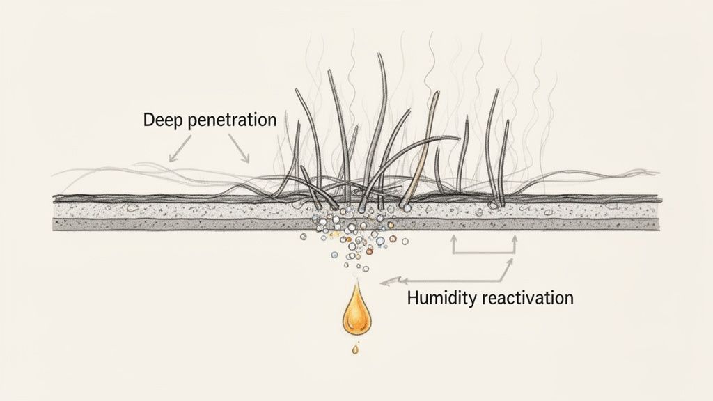 An illustration detailing deep penetration of a substance through carpet layers, showing humidity reactivation.