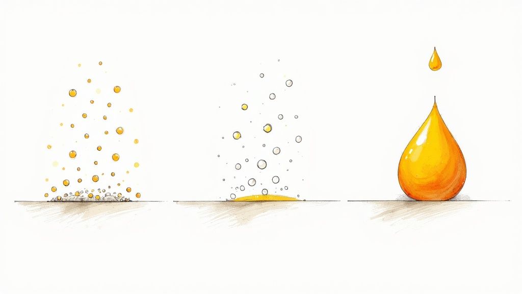A visual process: many bubbles from residue become a single, pure golden liquid drop.