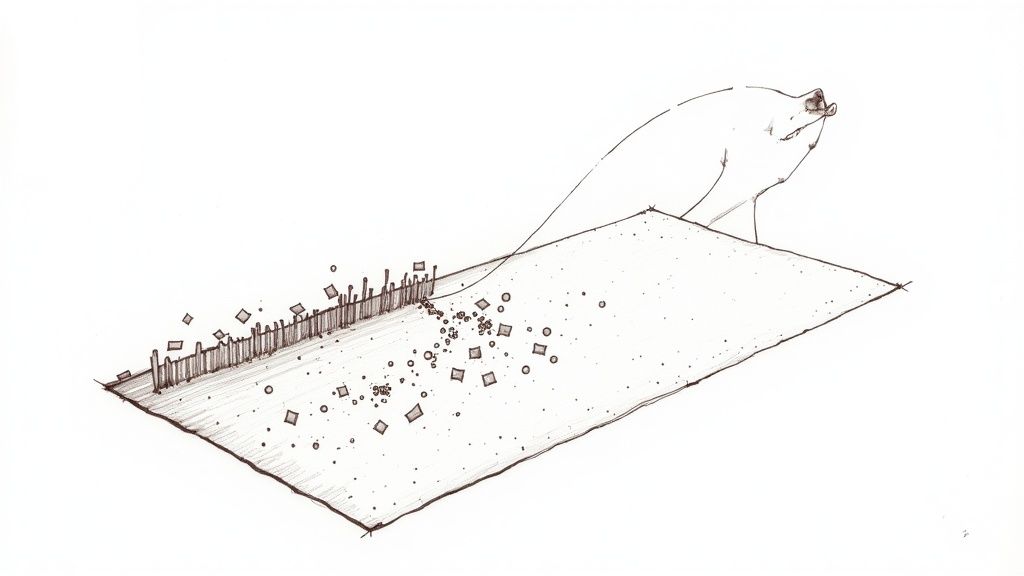 Minimalist pen drawing of a bear-like creature sniffing a surface, scattering small objects.