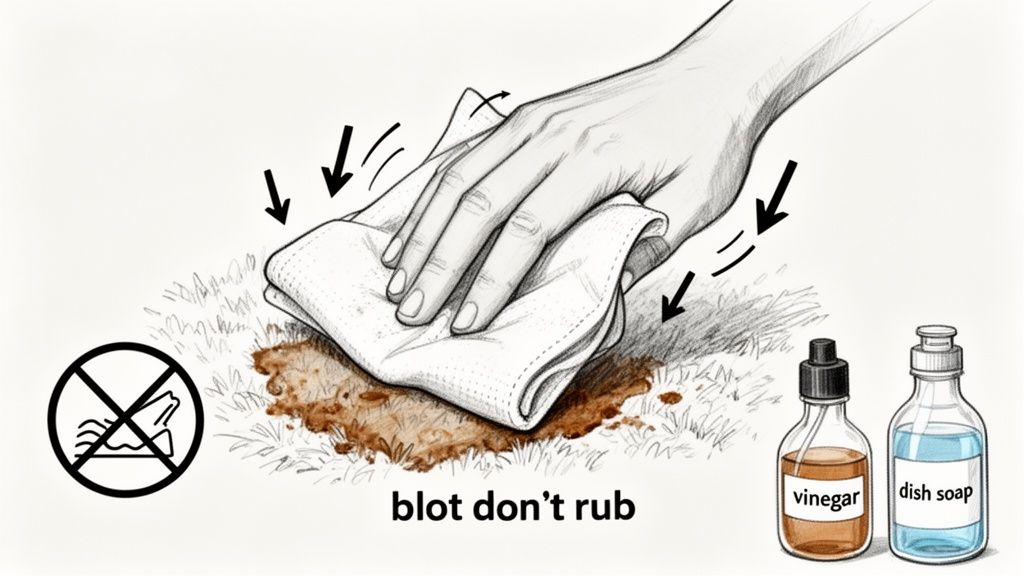 Hand blotting a brown spill on a rug with a cloth, using vinegar and dish soap, advising 'blot don't rub'.