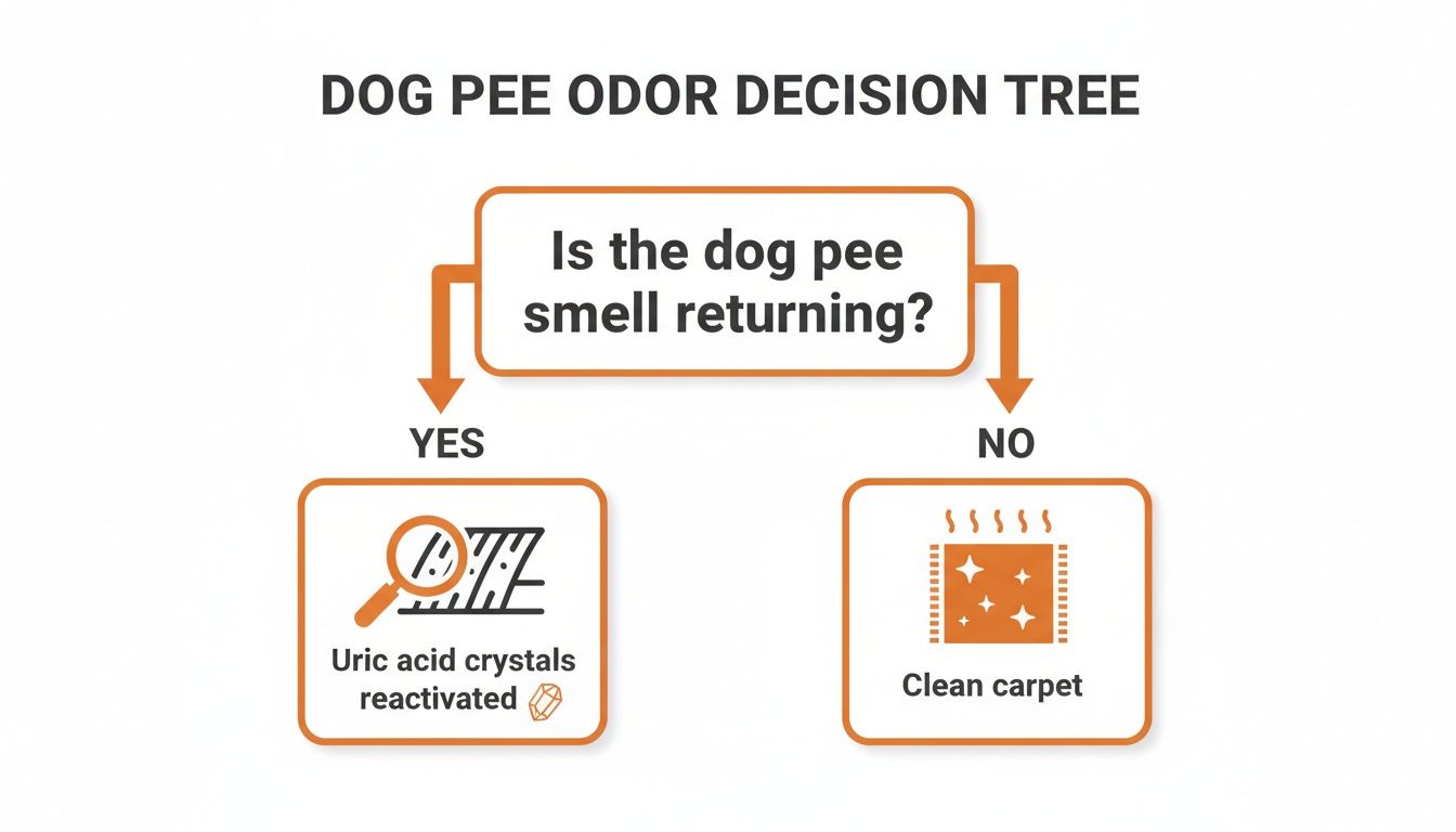 A decision tree explains dog pee odor returning. Yes means uric acid crystals reactivated, No means clean carpet.