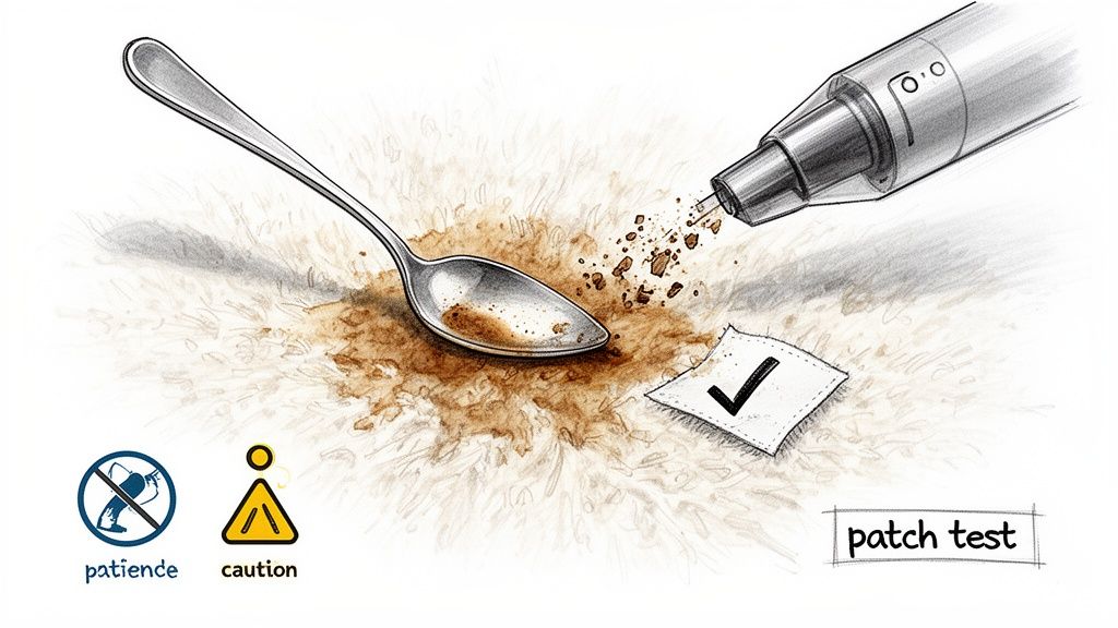 Illustration showing a spoon, spray bottle, and a 'patch test' for cleaning stains, with caution and patience warnings.