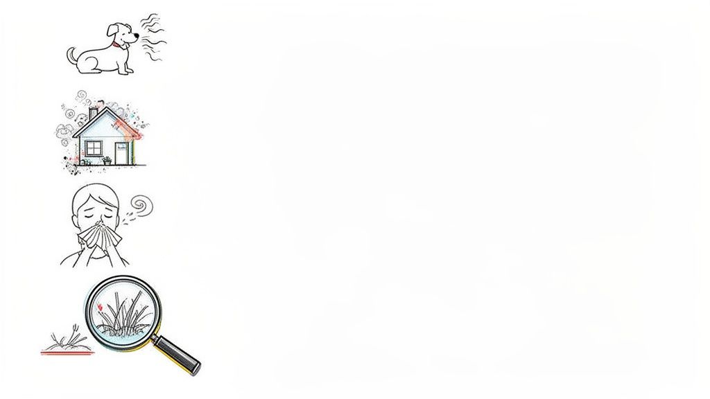Illustrations depict a dog, a dusty house, a person sneezing, and magnified grass, symbolizing allergy causes and symptoms.