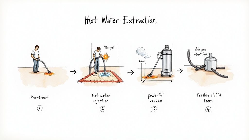 A four-step diagram illustrating the hot water extraction process for carpet cleaning.