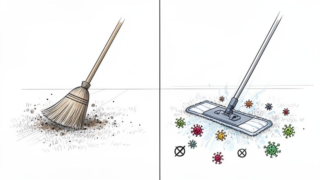 A split image contrasts sweeping visible dirt with a broom versus mopping and disinfecting invisible germs with a modern cleaner.