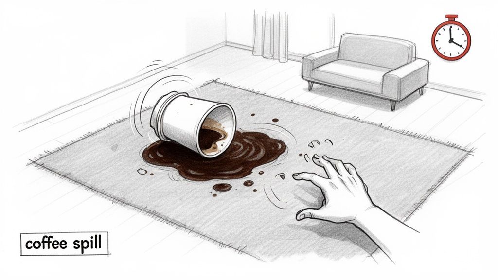 Coffee spilled from a white cup onto a rug in a living room, with a hand and a timer.